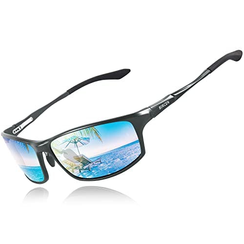 BIRCEN Polarized Mens Sunglasses: UV Protection Black Blue Shades for Men  Sport Driving with Al-Mg Metal Frame C-gunmetal Frame Blue Lens