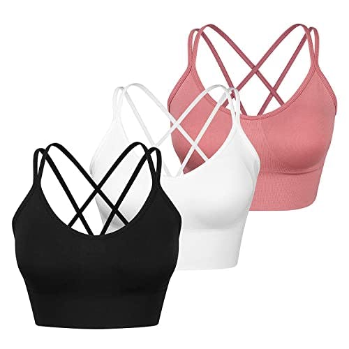 WANAYOU Women Strappy Sports Bra for Women,Cross Back Sports Bra Padded  Yoga Bra 3 Pack Medium Support Workout Bra Medium 3 Pack(black+white+pink)