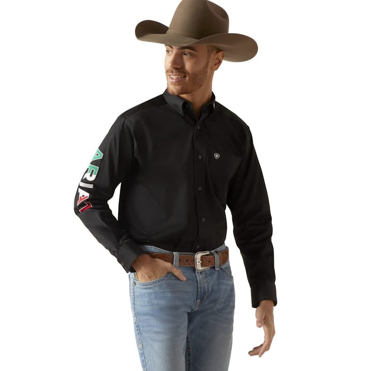 ARIAT Men's Team Logo Twill Classic Fit Shirt Medium Black Mexico Cav Smu