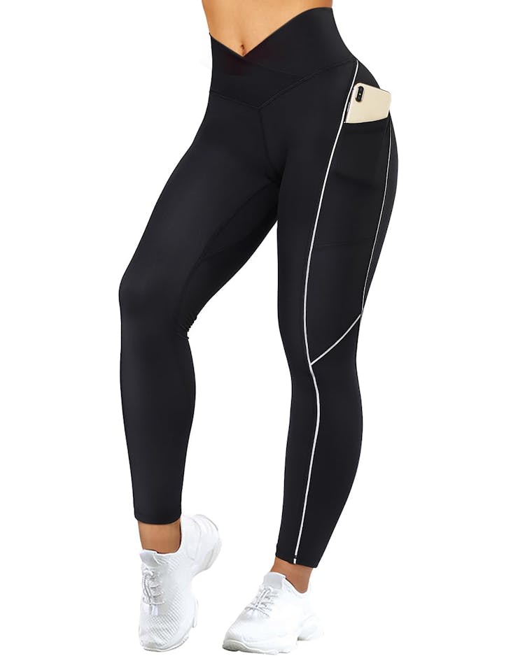 SUUKSESS Women Reflective High Waisted Running Leggings with Pockets Yoga  Pants Large 35 Black