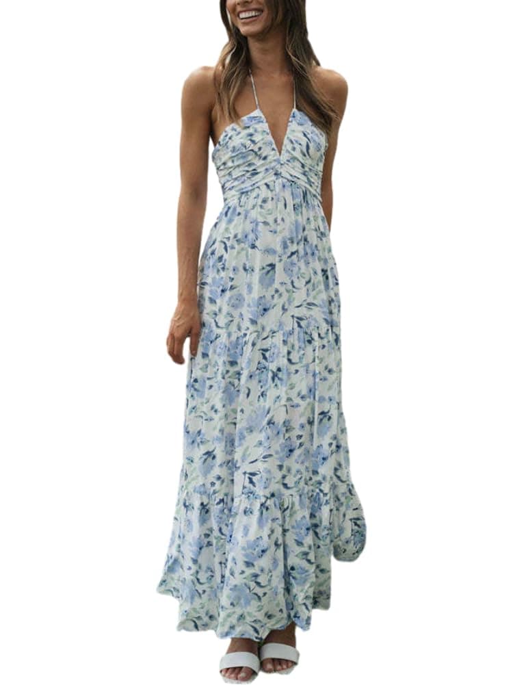 HOULENGS Women's Summer Sleeveless Halter Neck Boho Dress