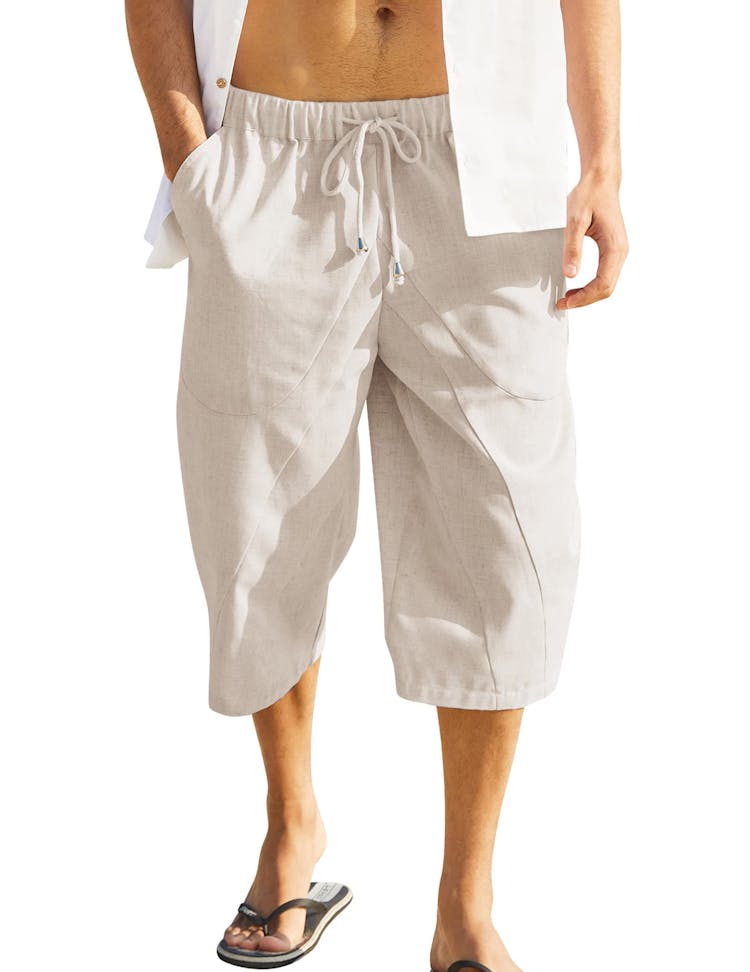 COOFANDY Men's Linen Capri Pants Casual Drawstring Yoga Pants
