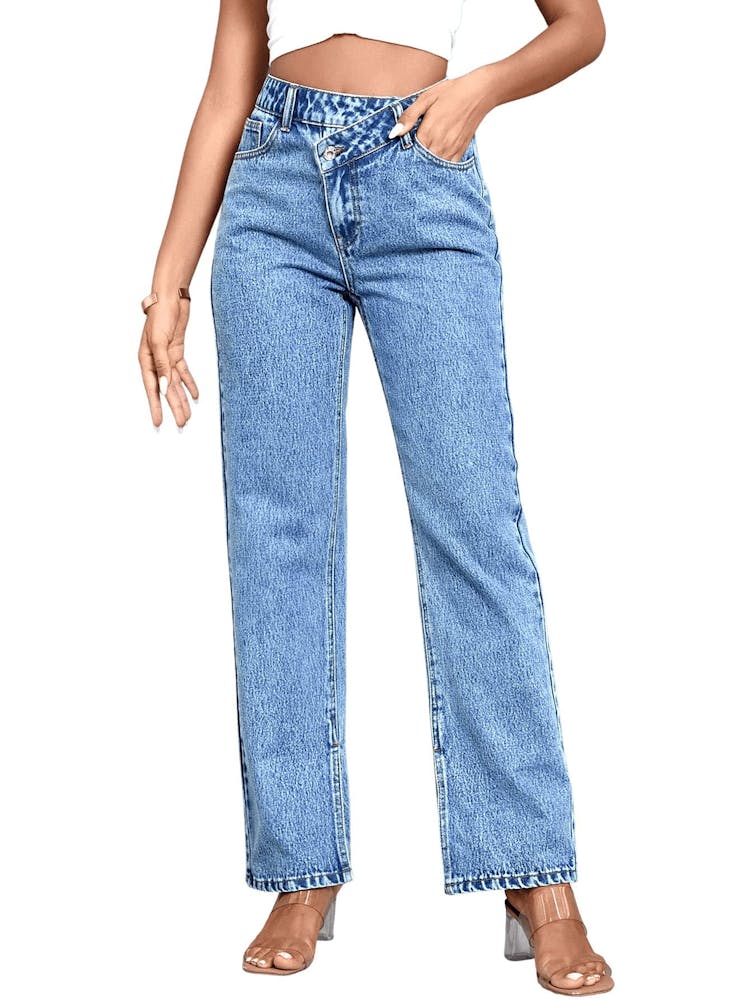 SweatyRocks Women's High Waisted Straight Leg Long Jeans Asymmetrical Waist  Denim Pants Large Medium Washed