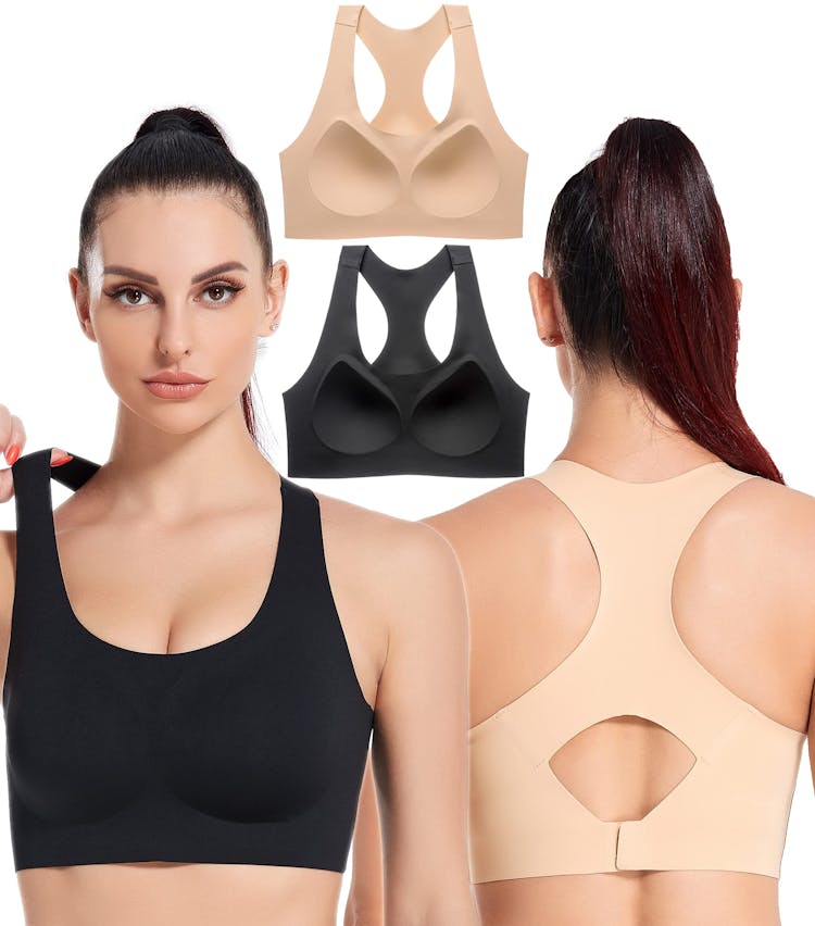 PRETTYWELL Racerback Sports Bras Non Removable Padded, Wirefree Sports Bra  Tops for Women,Comfort Molded Cup Bras A to D Cup Black&nude Small