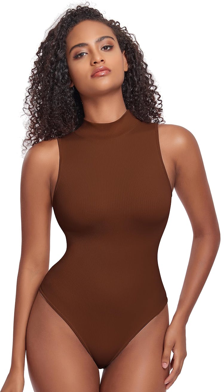 OLCHEE Womens Shapewear Bodysuit Tummy Control Seamless Ribbed Mock Neck  Sleeveless Sliming Body Suit Top Thong Mock Neck: Brown Medium