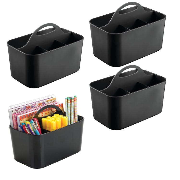 mDesign Plastic Small Office Storage Organizer Utility Tote Caddy with  Handle for Cabinets, Desks, Workspaces - Holds Desktop Office Supplies,  Pencils, Staplers Lumiere Collection, 4 Pack, Black