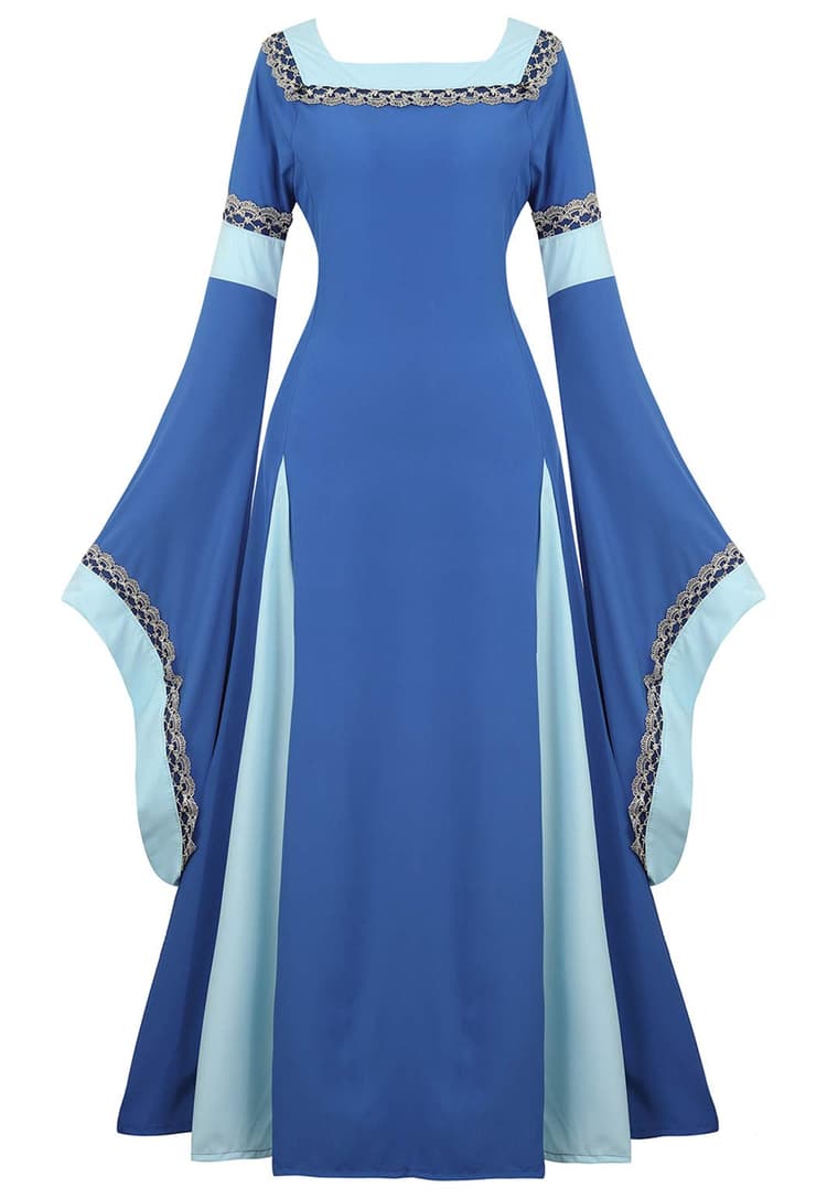 blue medieval peasant dress Luxalzxs Women's Medieval Vintage Solid Color Flared Sleeve Princess Dresses Elegant Off Shoulder Flowy Cotton Linen Peasant Dress Irregular Hem Faire Fairy Long Dress Renaissance Victorian Dress