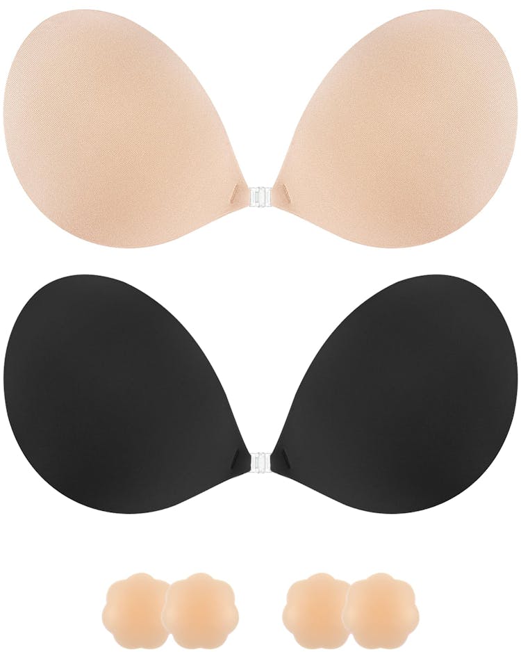 Niidor Adhesive Bra Strapless Sticky Invisible Push up Silicone Bra for  Backless Dress with Nipple Covers C Nude+black