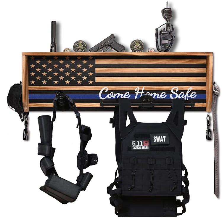 PINKBlUE Wall Mounted Tactical Gear Rack with Police Flag